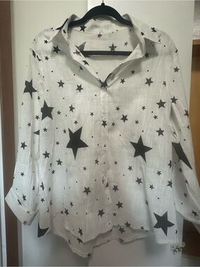 Women's White Star Print Button-Up Shirt